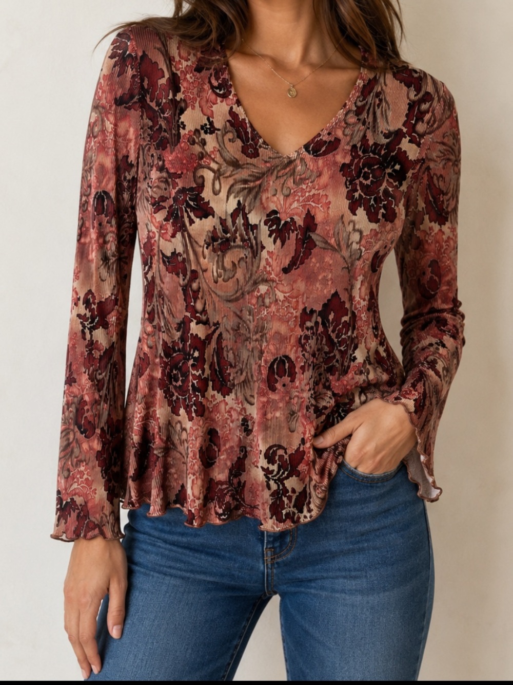 Y2K Plissé Sheer Floral Long‎ Sleeve Top Boho Fairy Grunge S
